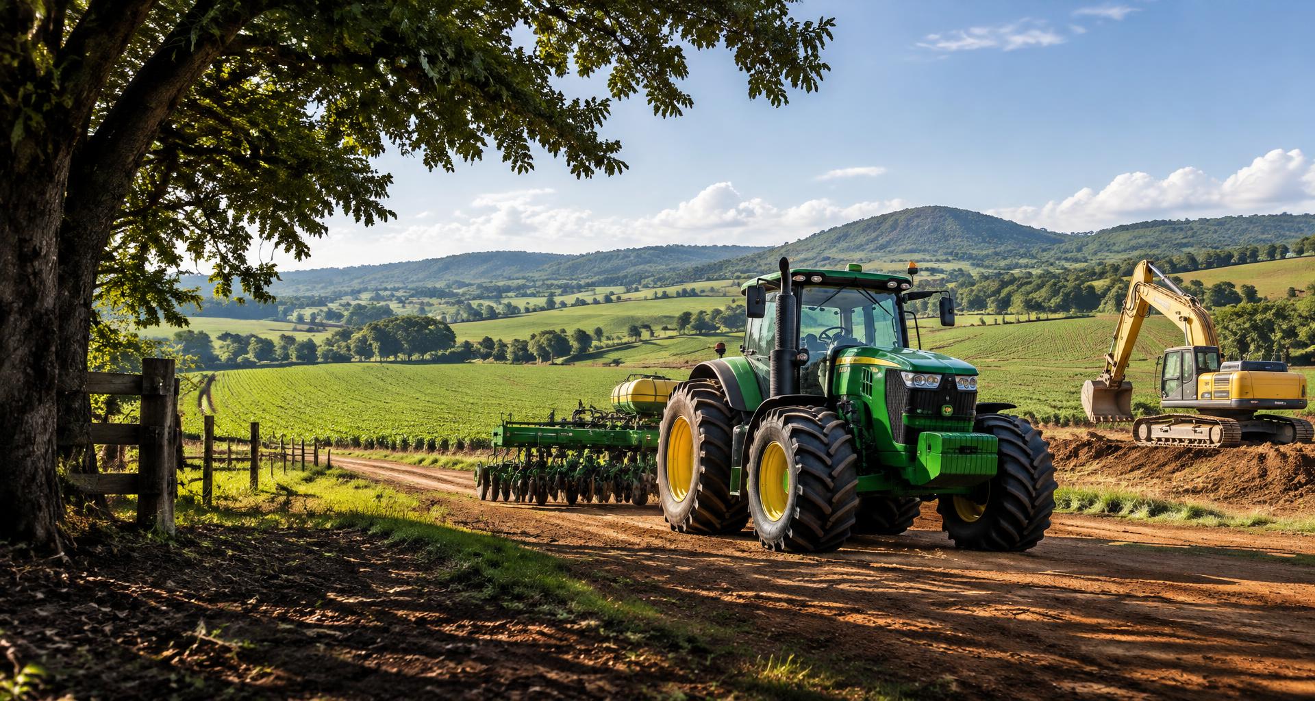Trator no campo e escavadeira em uma propriedade rural